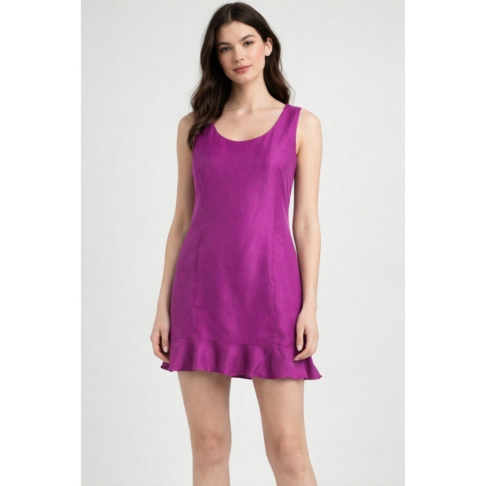 Vtg 90s Galinda Wang Size M Dress Silk Womens Fuchsia Pink Sleeveless Ruffle Hem